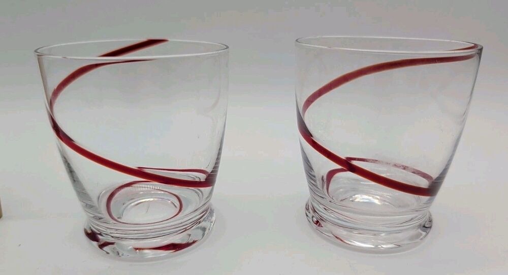 2 Vtg Hand Blown Red Swirl Whiskey Lowball Old Fashioned Glasses Swirline